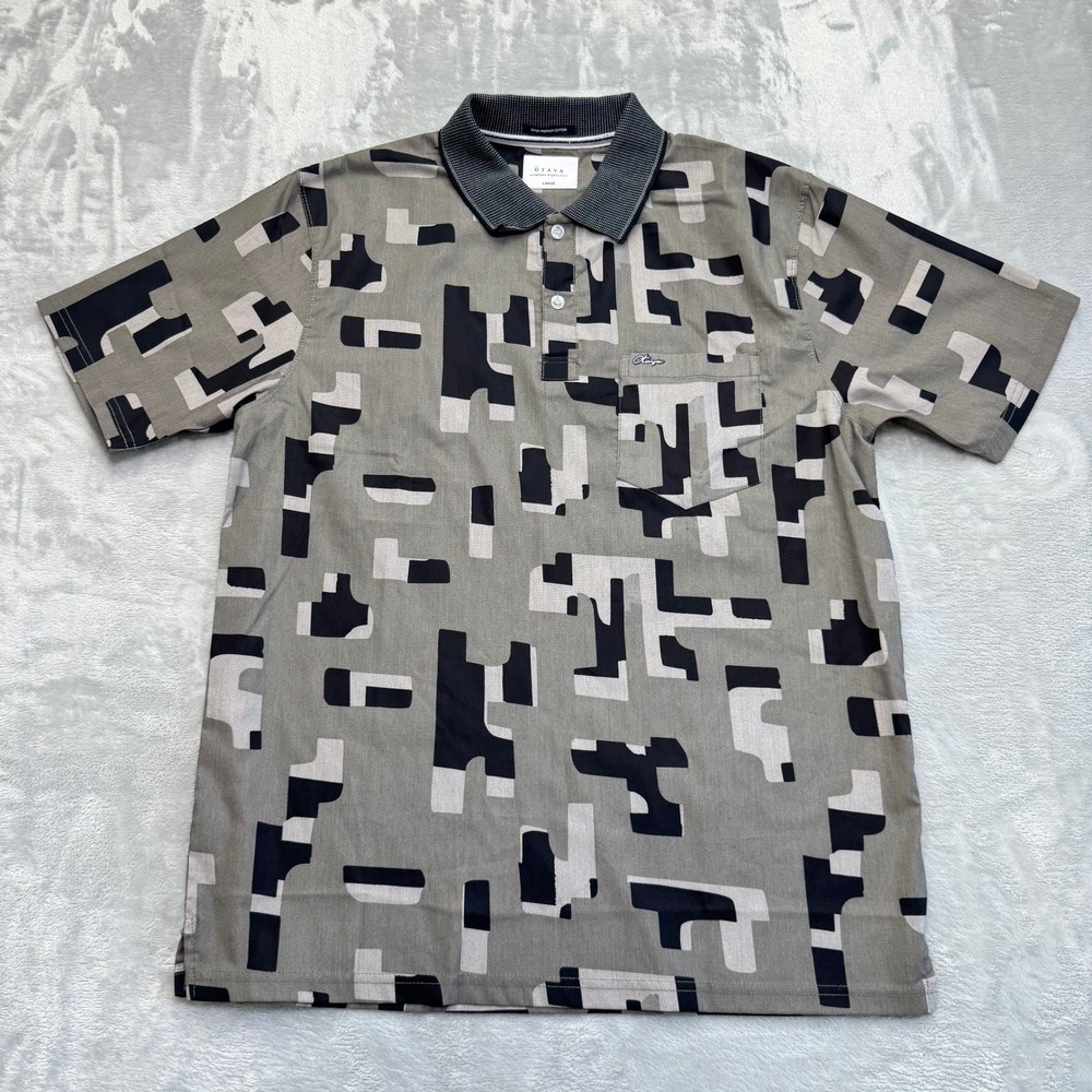 OTAYA Polo Shirt Mens Large Gray Geometric Abstract Super Premium Cotton Casual